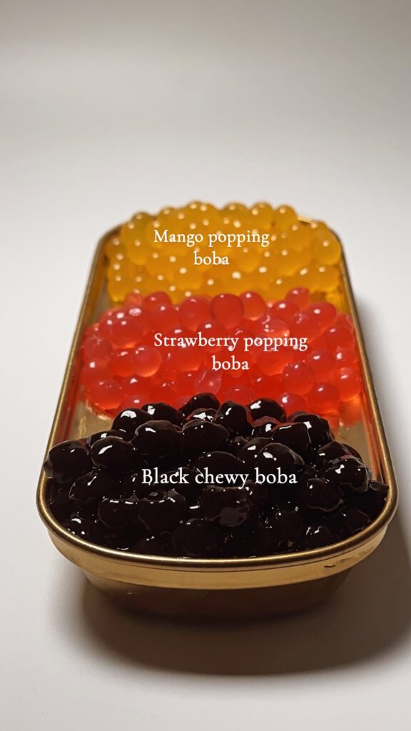 Boba pearl types on a tray